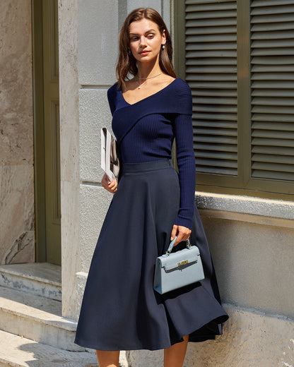 Gonna Midi A-Line con Tasche Blu Navy