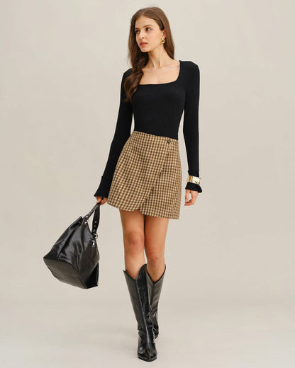 Gonna Mini Avvolgente a Quadri Khaki