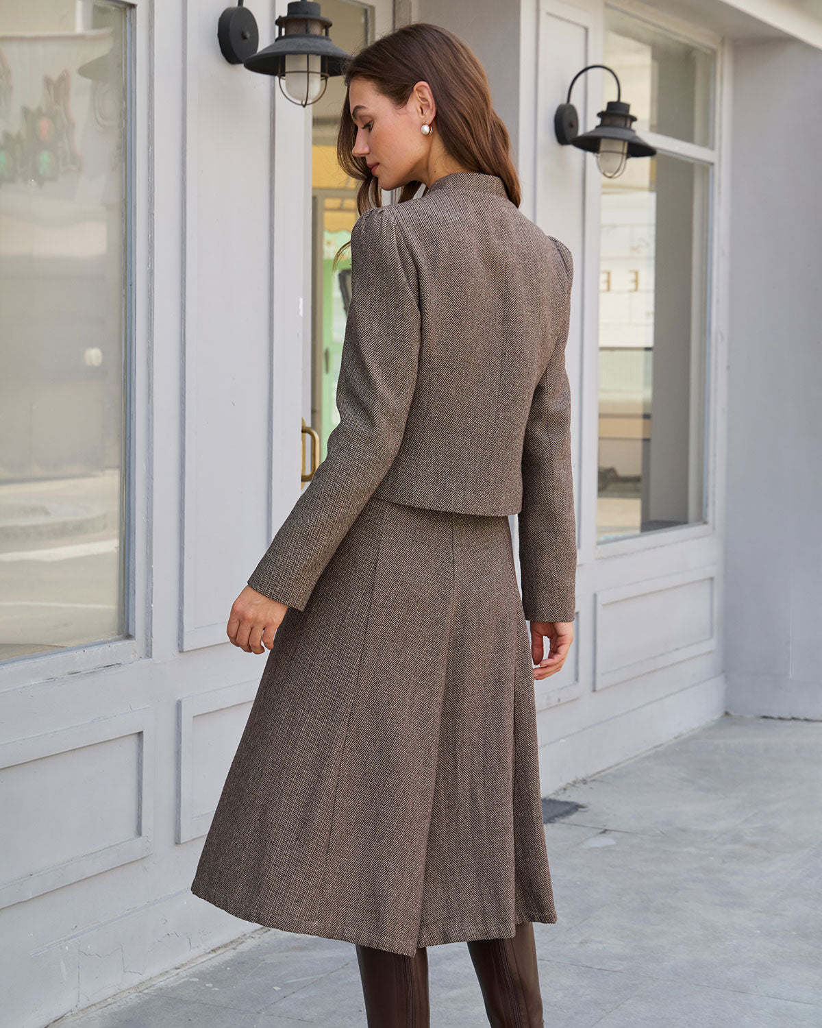 Gonna Midi A-Line in Poliestere Marrone a Vita Naturale