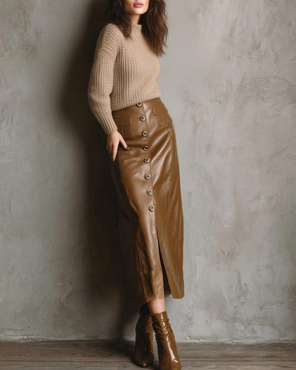 Gonna Midi in PU Marrone