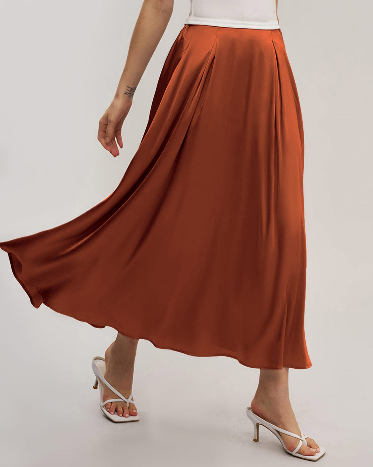 Gonna Midi in Raso Rosso Mattone
