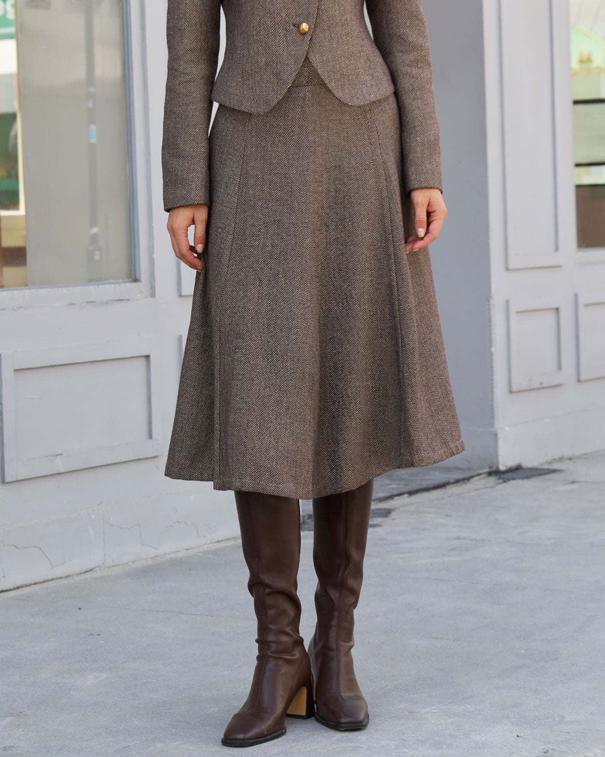 Gonna Midi A-Line in Poliestere Marrone a Vita Naturale