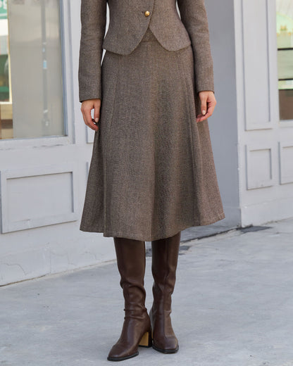 Gonna Midi A-Line in Poliestere Marrone a Vita Naturale