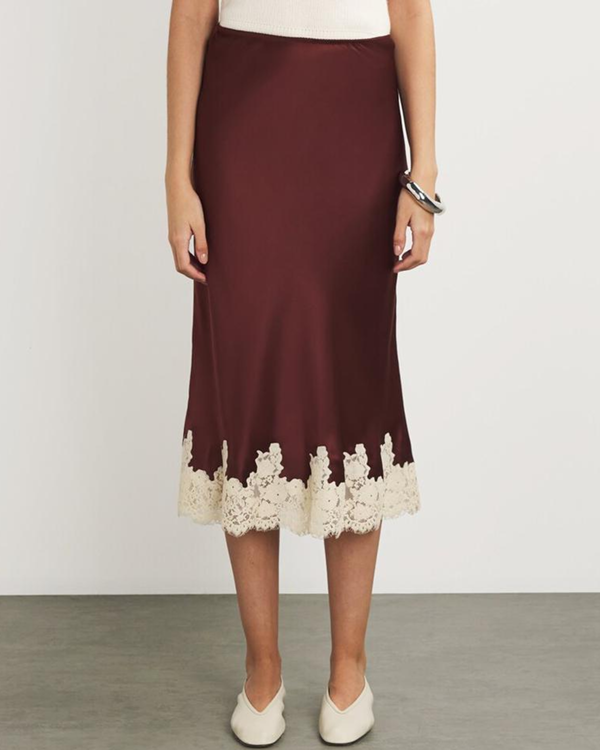 Gonna Midi Elasticizzata in Vita Contrasto Rosso Vino